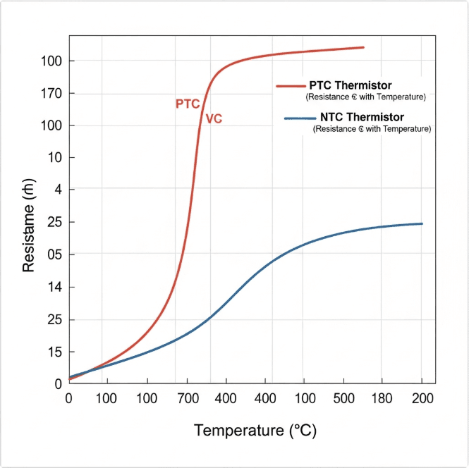 Resistance vs temperature curve showing how a PTC temperature sensor increases resistance while an NTC thermistor decreases it. Resistance vs temperature curve showing how a PTC temperature sensor increases resistance while an NTC thermistor decreases it.