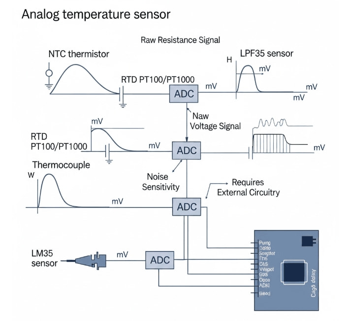 Analog temperature sensor signal flow diagram showing NTC thermistor, RTD, thermocouple, LM35 and their path to ADC.
